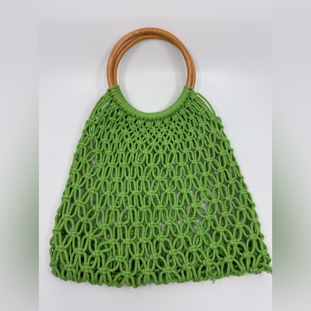 Boho Crochet Macrame Rattan Handle Tote Bag Lime Green GWP ĽOccitane